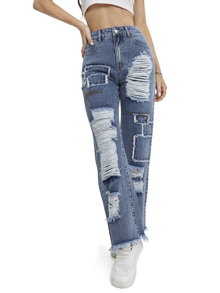 

high waist ripped frayed raw hem jeans v4ad#, Blue