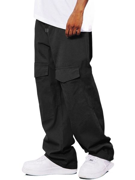 

men flap pocket front drawstring waist cargo pants y5mv#, Black