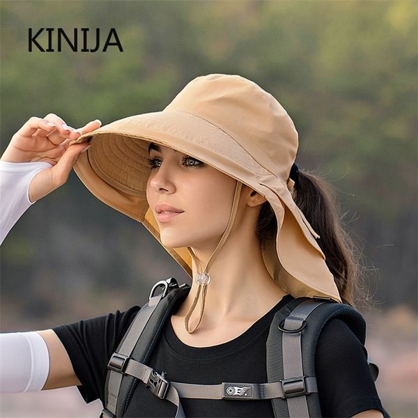 

women wide large brim shawl bucket hat summer outdoor fishing hiking uv anti neck protection sun cap ladies hats bonnet 220613, Blue;gray