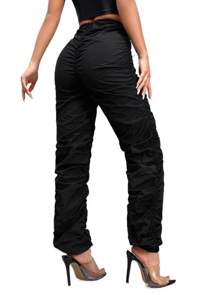 

knot front ruched side pants h10t#, Black;white