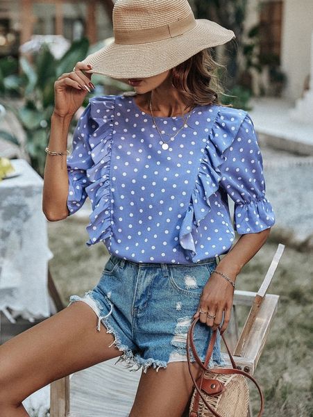 

polka dot ruffle trim puff sleeve blouse e1p1#, White
