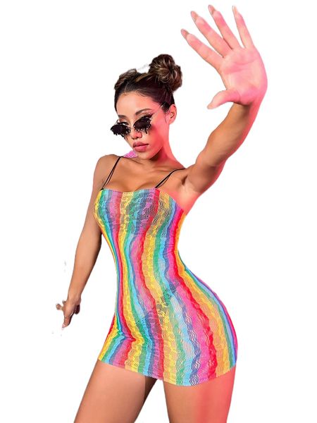 

rainbow striped mesh dress without lingerie a475#, Black;red