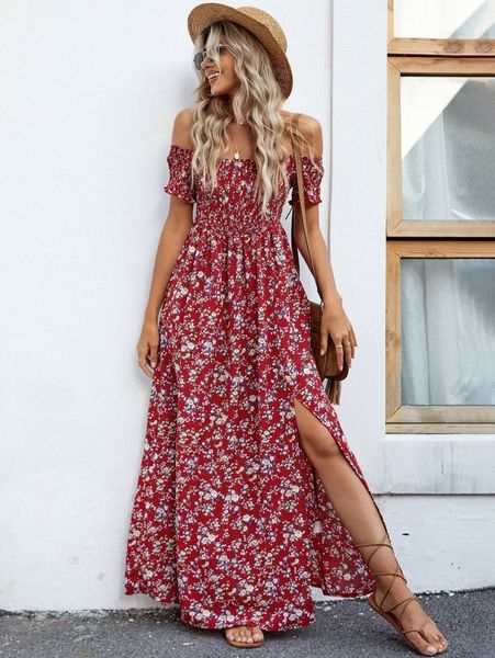 

off shoulder ditsy floral high split dress p0fi#, Black;gray