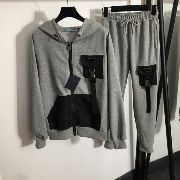 

new sports hooded jacket tracksuits safety buckle decoration pants 2 piece set spring autumn running pant suit, Gray