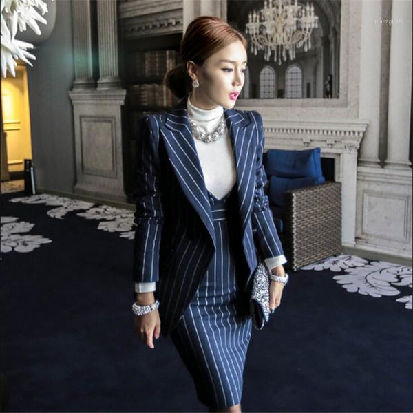 

women's suits & blazers wholesale-women blazer elegante with skirt cotton striped women autumn spring blazer+dress 2 pieces set for clo, White;black