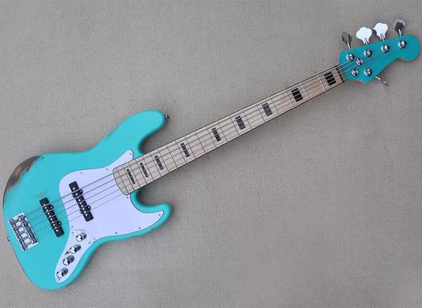 

5 strings sky blue electric bass guitar with maple fingerboard relic style
