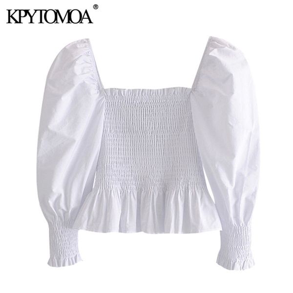 

kpytomoa women sweet fashion elastic smocked cropped blouses vintage lantern sleeve ruffled hem female shirts chic 210308, White