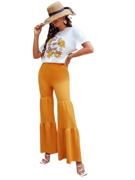 

floral & slogan graphic drop shoulder tee & flare leg pants u1hm#, White