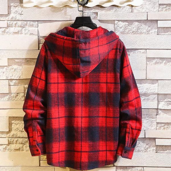 Camicie casual da uomo con camicia a quadri con cappuccio in pile maniche lunghe rosse 2022 Primavera Autunno Plus OverSize M-6XL