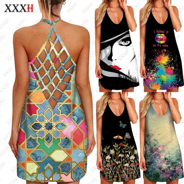 XXXH Frauen 3D Gedruckt Hohl Hosenträger Rock Sexy Vintage Rüschen Kleid Sommer Boho Casual Party Elegante Kleider 220613