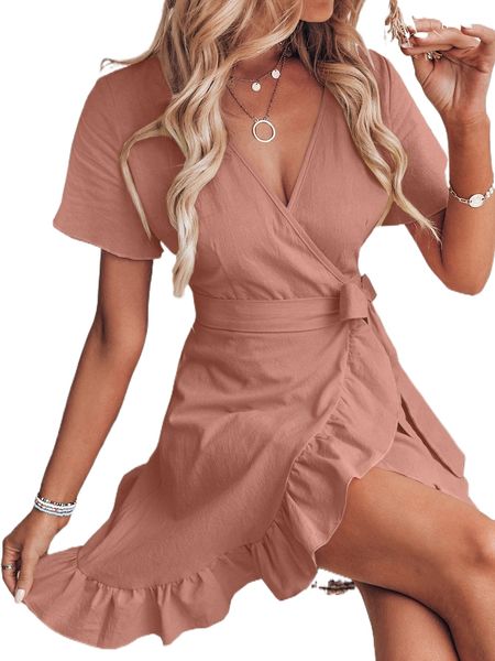 

ruffle trim tie side wrap dress a35f#, Black;gray