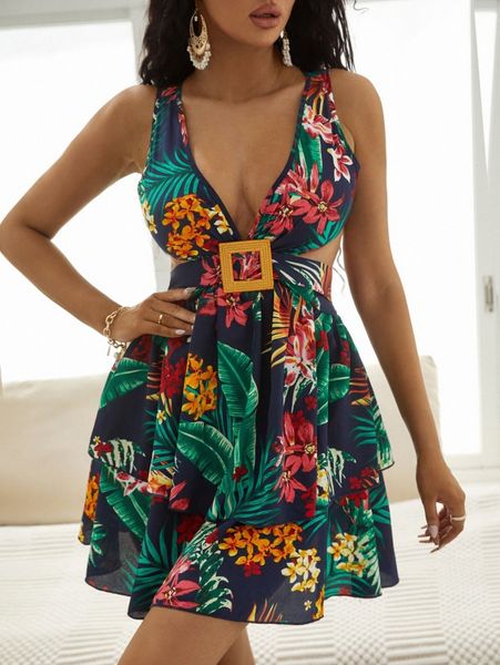 

sxy tropical print cutout belted layered hem dress e5av#, Black;gray