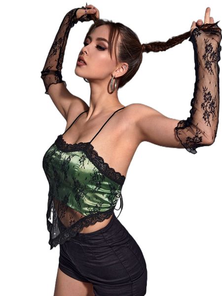 

contrast lace satin cami with arm sleeve n4ww#, White