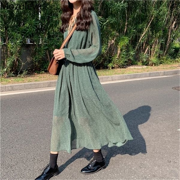 

mozuleva vintage lace up polka dot women green dress spring elastic waist female long dress summer a line vestidos femme lj200812, Black;gray