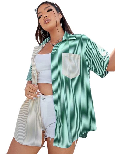 

plus vertical striped colorblock patched pocket blouse w364#, Black