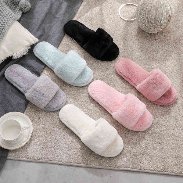 

nxy slippers women for home faux fur warm flat shoes winter autumn female slide fashion flip flops stylish plush 220804, Black