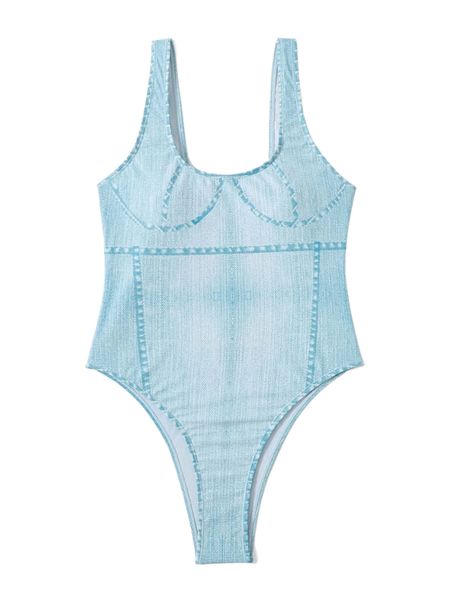 

denim texture print one piece swimsuit o2ks#, White;black