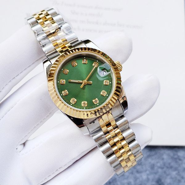 

ladies automatic watch 28/31mm green dial and sliver/gold stainless steel strap luminous waterproof wristwatch, Slivery;golden