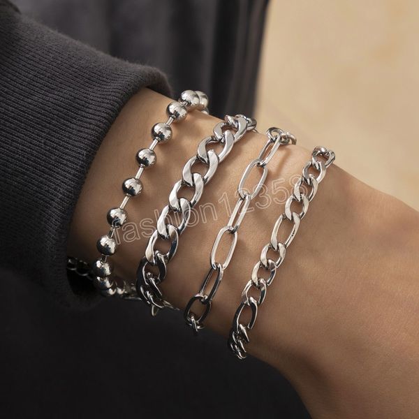 

heavy metal thick cuban chain beads chain bracelets set for men fashion hiphop jewelry bracelet on hand wrist gift 4pcs/set, Golden;silver