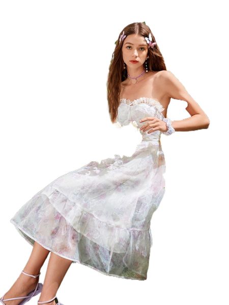 

floral print lace detail ruffle hem bustier organza tube dress 037k#, Black;gray