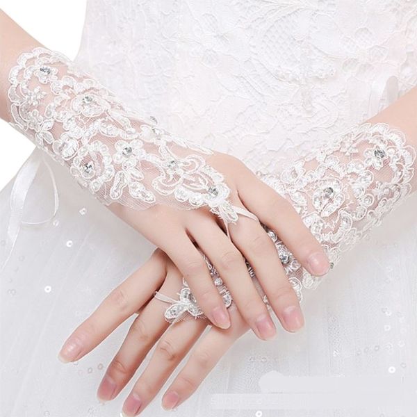 

bridal gloves wedding accessory beaded lace wrist length gloves, White
