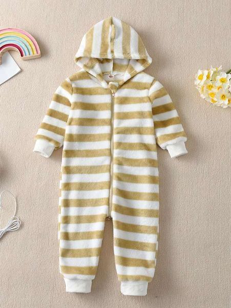 

toddler girls striped pattern hooded flannel jumpsuit she, Blue