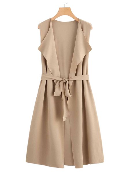 

bow tie waist longline belted vest coat p5tp#, Black