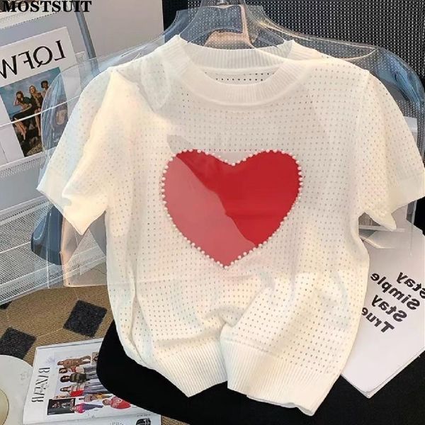 

women's sweaters summer beaded hollow knit sweater pullover women sweet fashion ladies streetwear knitwear short sleeve thin knitted t-, White;black