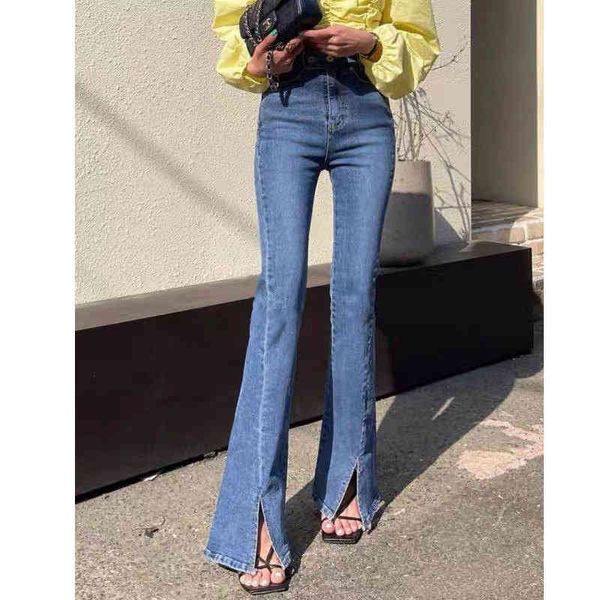 

women's leggings han dan micro la denim pants spring and summer washed used high waist thin split jea o6se, Black