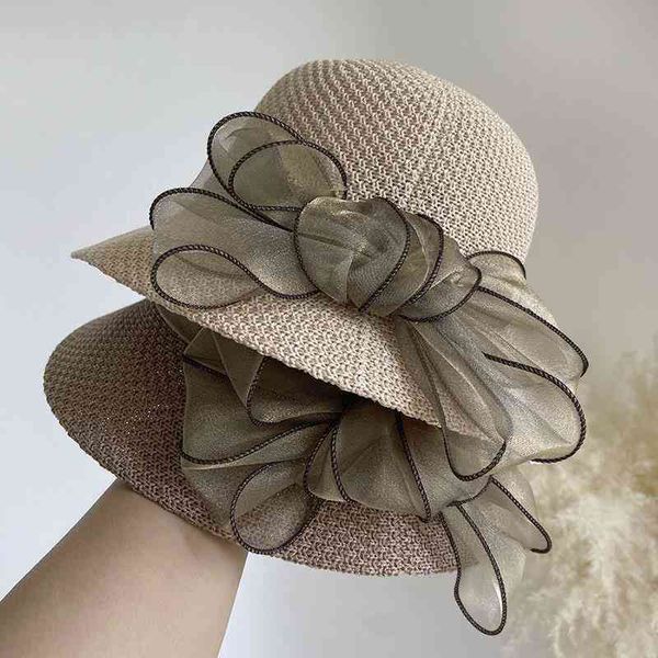 

designer bucket straw sun fisherman hat man woman organza bow knot fashion elegant wo small edge sunscreen basin spring summer sunshade, Blue;gray