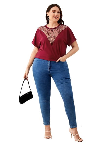 

plus floral embroidery contrast mesh tee z3yg#, Black