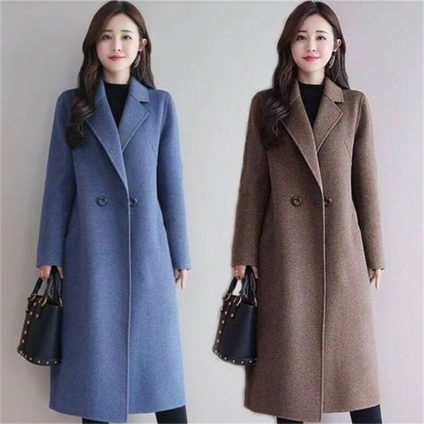 

women winter korean style black long wool blend trench coat ladies fashion windbreaker clothes plus size 3xl 201215