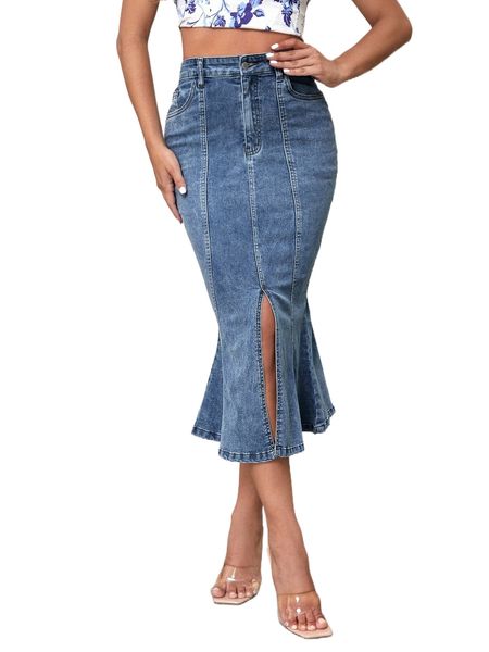 

split thigh mermaid hem denim skirt f70m#, Black