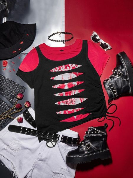 

letter & skull print ripped drawstring side 2 in 1 tee f99n#, White