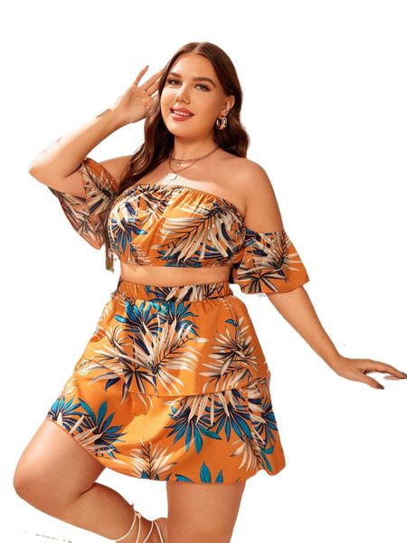 

plus tropical print off the shoulder & layered hem skirt f52v#, Black