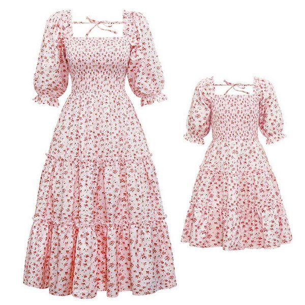

2022 mom and daughter dress family matching clothes pink floral printed long dress for mother daughter mommy and me clothes aa220326, Red;yellow