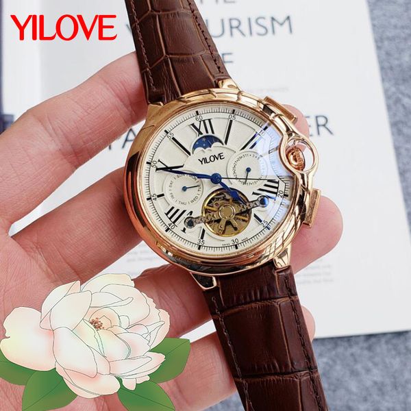 

high-end brand men's watch analog automatic dating mechanical movement clock movement trend multifunctional simple fashion leather wris, Slivery;brown
