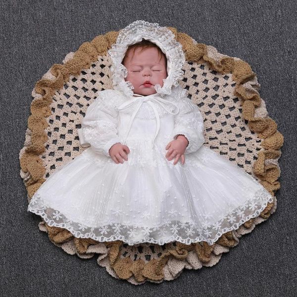 Mädchen Kleider Hohle Spitze Lange Ärmel Baby Mädchen Taufe Taufkleid Geboren 1. Geburtstag Infant Vestidos Party Prinzessin Mit Hut