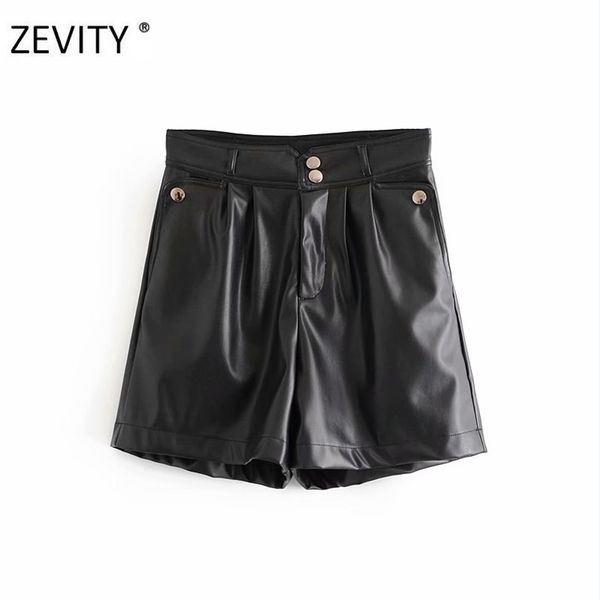 

zevity new women fashion buttons pu leather shorts ladies pockets chic zipper fly casual slim shorts pantalone cortos 210306, White;black