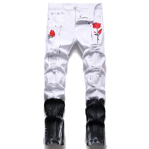 2022 Herren Stretch-Fit-Jeans Neue lässige weiße bestickte Rose zerrissene Denim-Hosen Mode enge Bleistifthose