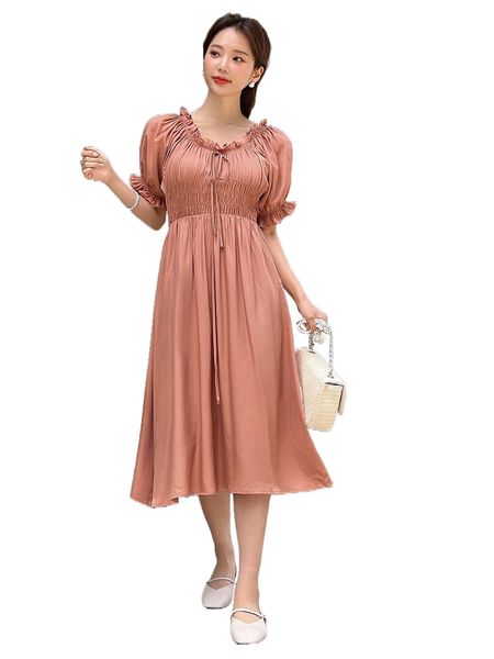 

dazy frill trim knot front shirred puff sleeve dress q7gs#, Black;gray