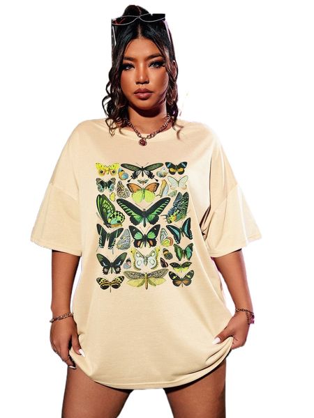 

plus butterfly print drop shoulder tee u8an#, Black