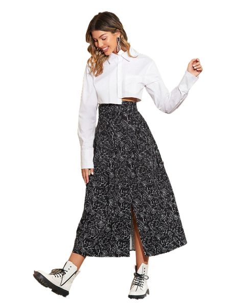 

x renakok floral & graphic print skirt l3xk#, Black