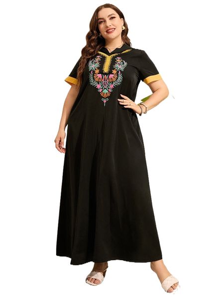 

plus floral embroidery contrast trim hooded maxi dress x4td#, Black