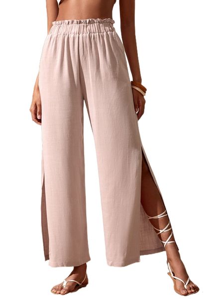 

solid paperbag waist slit hem pants t0se#, Black;white