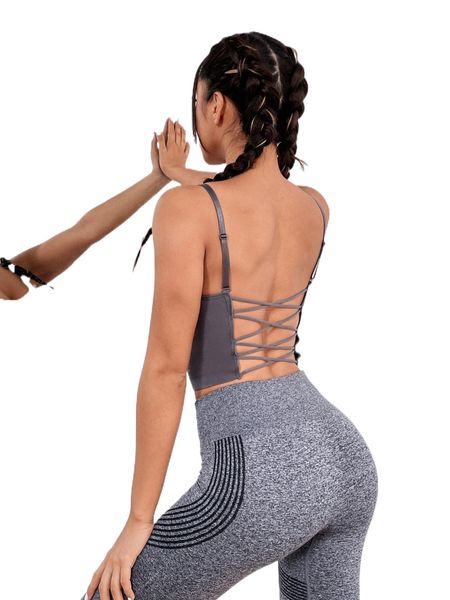 

medium support seamless lace-up back sports bra v7hg#, Gray