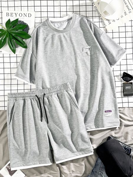 

men slogan patched detail 2 in 1 tee & drawstring waist shorts h7ym#, Gray