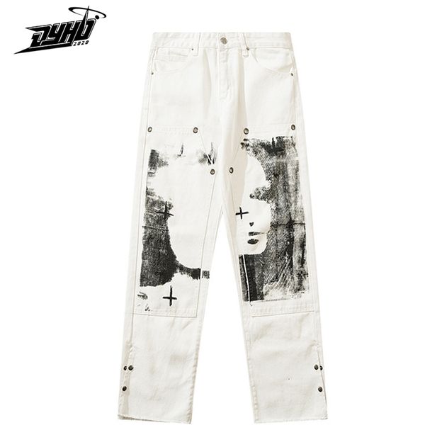 

spoof portrait graffiti print denim pant mens high street loose jeans streetwear fashion trouser straight leg white 220808, Blue