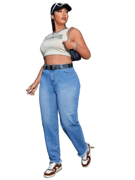 

plus high waist bleach wash raw hem straight leg jeans m7sa#, Blue