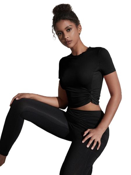 

breathable softness ruched detail sports tee u24t#, Gray